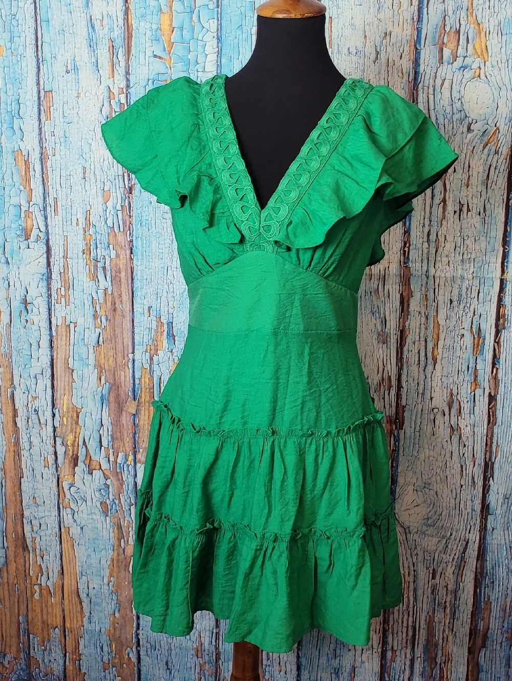 Green Ruffle V-Neck Mini Dress